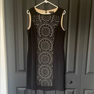 Tahari Black Dress with Beige Underlay Laser-Cut Panel